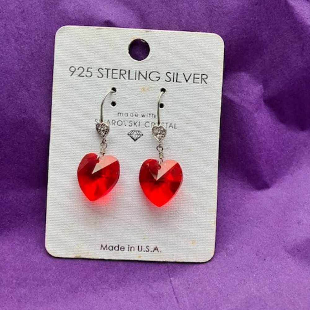 NWT! RED HEART SWAROVSKI  CRYSTAL DANGLING EARRINGS - 925 Sterling Silver - NEW!